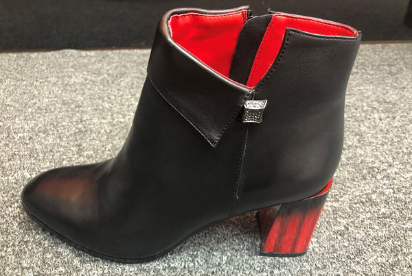 Black Leather Short Boots With a Unique Red and Black Heels
